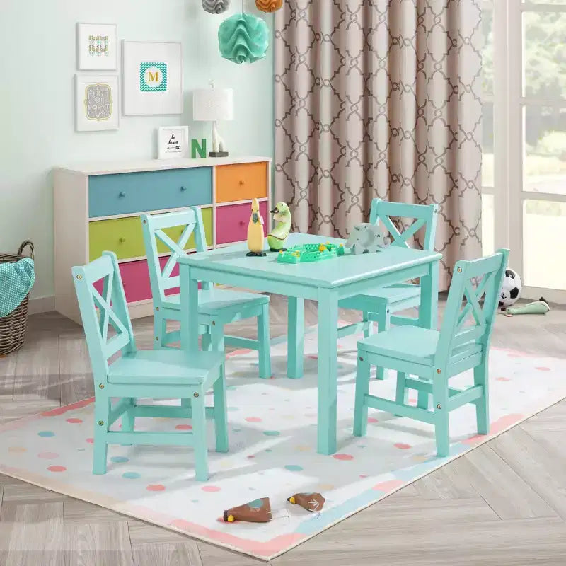 Ensemble de table et de chaises pour enfants eHemco en bois massif (4 chaises incluses), 5 pièces