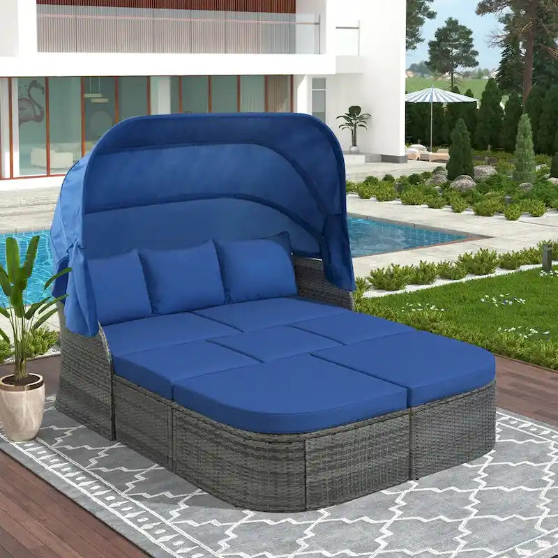 Graues Outdoor-Daybed aus Rattan mit Kissen und ausziehbarem Sonnendach
