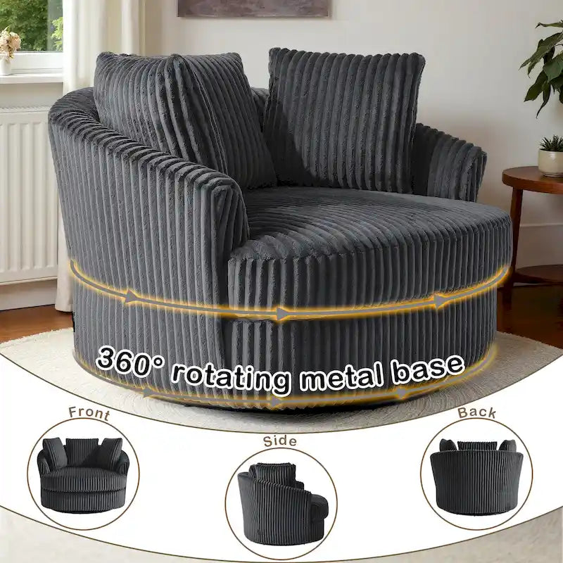 Fauteuil tonneau pivotant surdimensionné en velours côtelé moelleux, accoudoirs rentrés, 43 W