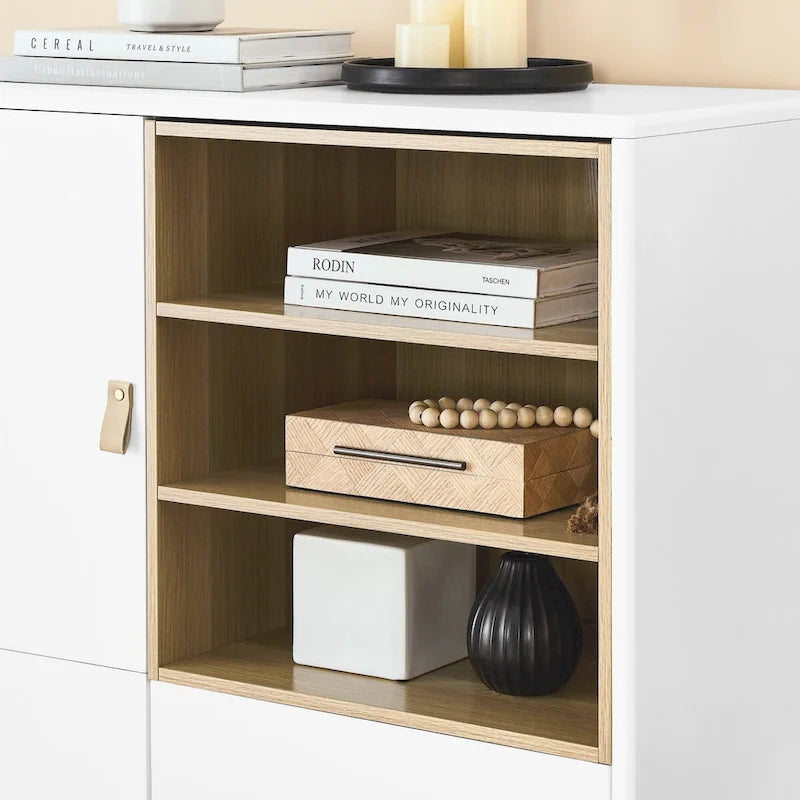 Multifunktionaler Aufbewahrungsschrank mit Tür, modernes Sideboard, Aufbewahrungsschrank aus Holz, Schubladenschrank mit Ledergriffen
