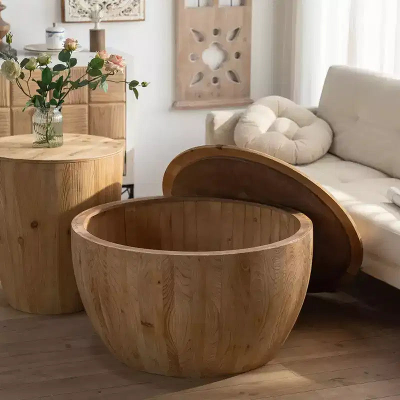 Ronde salontafel met opbergruimte in retrostijl, gemaakt van hout, geschikt voor de woonkamer, eetkamer of kantoor.