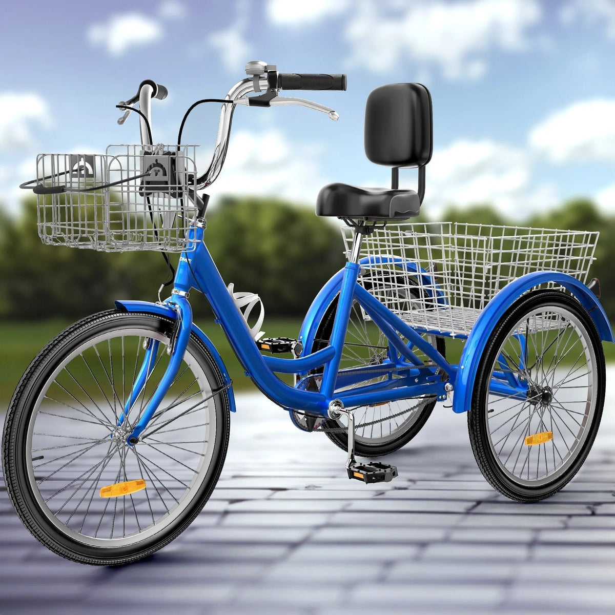 Vélo tricycle bleu pour adulte, 26, à 3 roues avec paniers amovibles