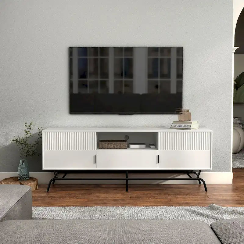 DH BASIC moderner Medien-Schrank mit 3 Schubladen und TV-Ständer, 60 Zoll, mit Kabeldurchführung von Denhour