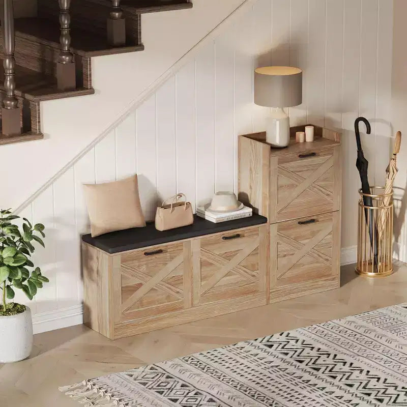 Schuhschrank im Landhausstil, Flurbank aus Holz mit 4 Klappschubladen, schmaler, versteckter Schuhorganizer, freistehendes Schuhregal für Flur und Eingangsbereich