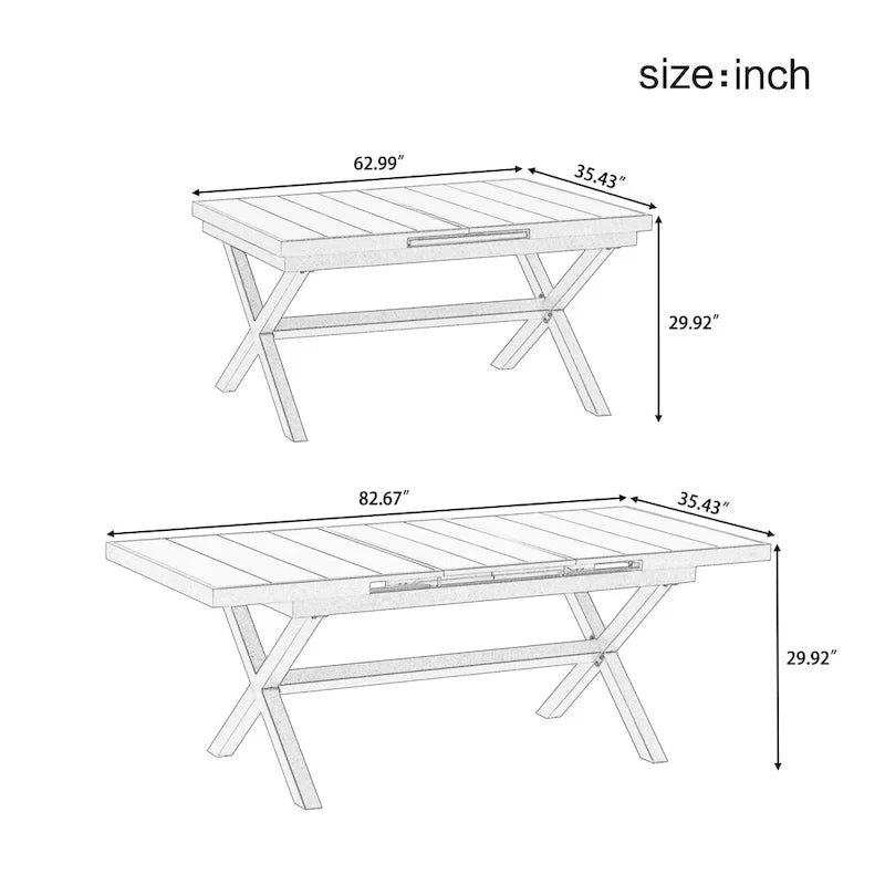 7-delige uitschuifbare eethoek voor buiten met uitschuifbare tafel en 6 stoelen met armleuningen
