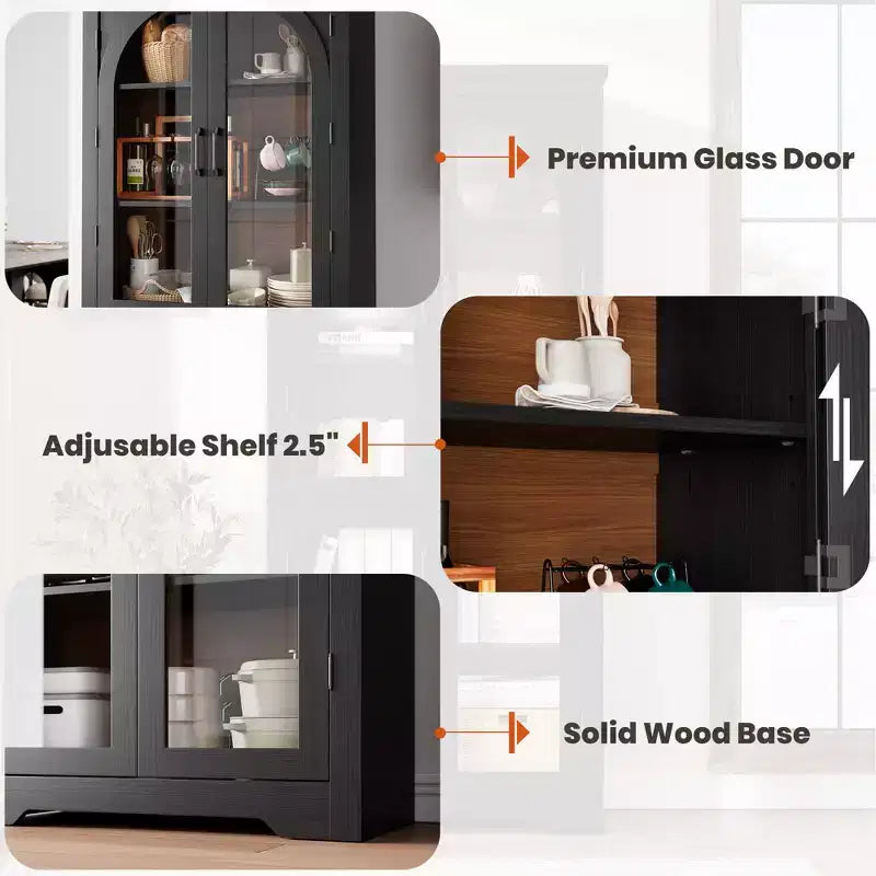 Dispensa da cucina alta 70, mobile espositivo moderno con 4 ante ad arco in vetro e ripiani regolabili, per cucina, soggiorno, sala da pranzo e bagno