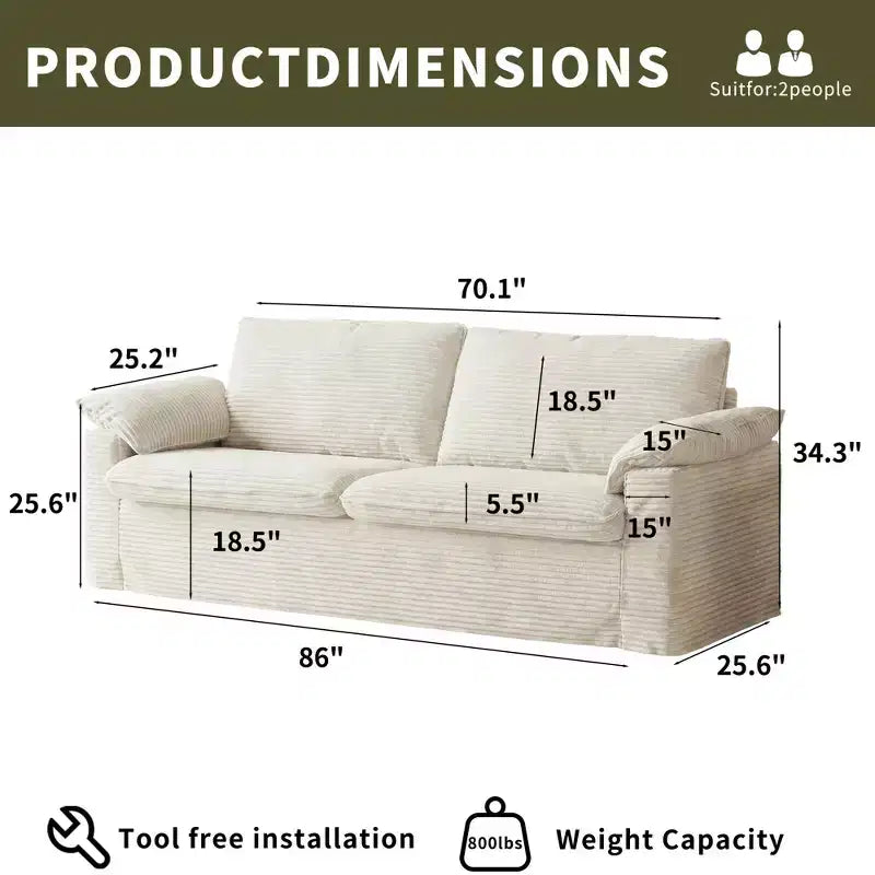 Divanetto a due posti Dyonery 86 Cloud, seduta profonda e cuscini con braccioli larghi, struttura robusta, design ergonomico traspirante