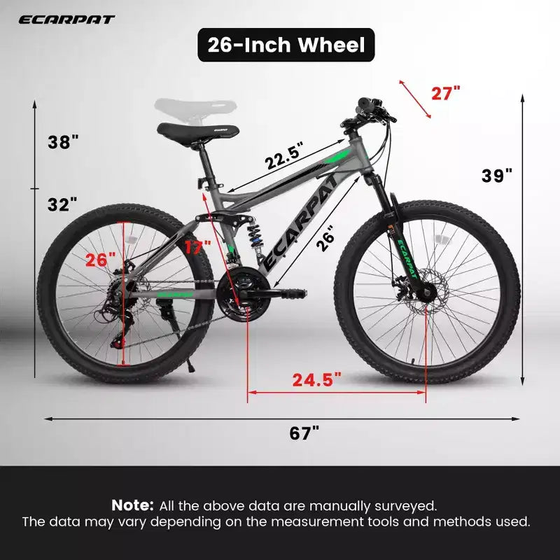 Mountain bike Okak da 26IN con freni a disco, bici per adulti a 21 velocità con telaio resistente e doppia ammortizzazione posteriore, per il ciclismo su strada in città