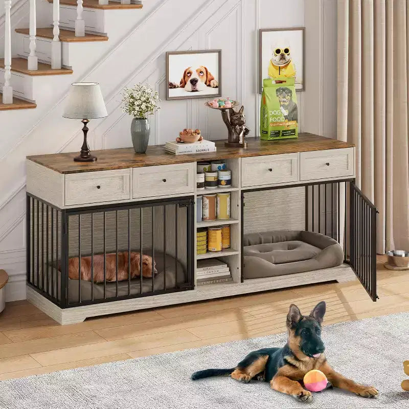 Meuble double cage pour chiens 82, grand chenil d’intérieur pour 2 chiens, cage en bois robuste faisant office de meuble TV avec 4 tiroirs et des étagères