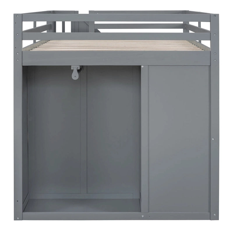 Graues Hochbett aus Massivholz mit Kleiderschränken, Schubladen und Treppe mit Stauraum