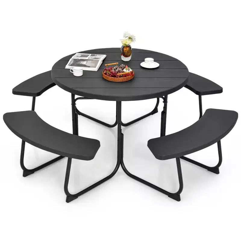 Costway Rundes Picknicktisch-Bank-Set für 8 Personen für den Außenbereich, mit 4 Bänken und Schirmloch, Schwarz/Grau/Grün/Weiß