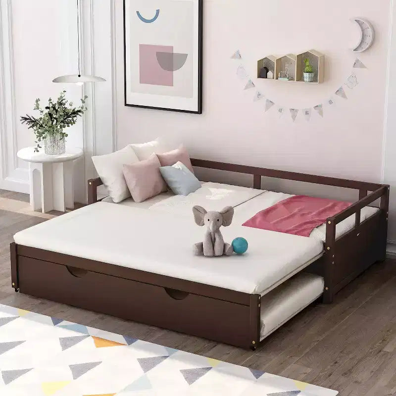 Okak Tagesbett in Einzelbettgröße mit ausziehbarem Design, Gästebett-Auszug/Schubladen und Sicherheitsgittern, Massivholz-Bettgestell für Jugendliche und Erwachsene