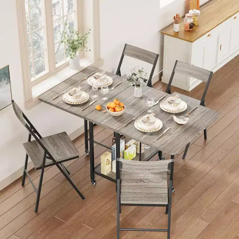 Eetkamerset in boerderijstijl, 5-delig, voor 4 personen, houten klaptafel op wielen met 4 opklapbare stoelen, stevig stalen frame, ruimtebesparend voor appartementen