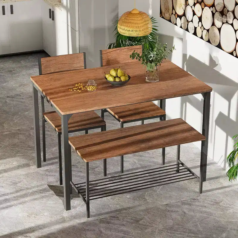 Costway eettafelset met 4 delen, rustieke tafel, 2 stoelen en bank met opbergrek