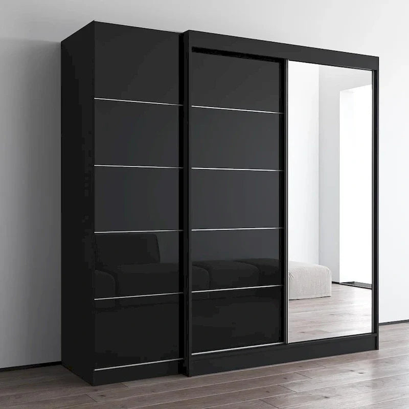 Armoire à 2 portes avec miroir et façade en verre, pour 2 personnes (gris / noir / blanc)