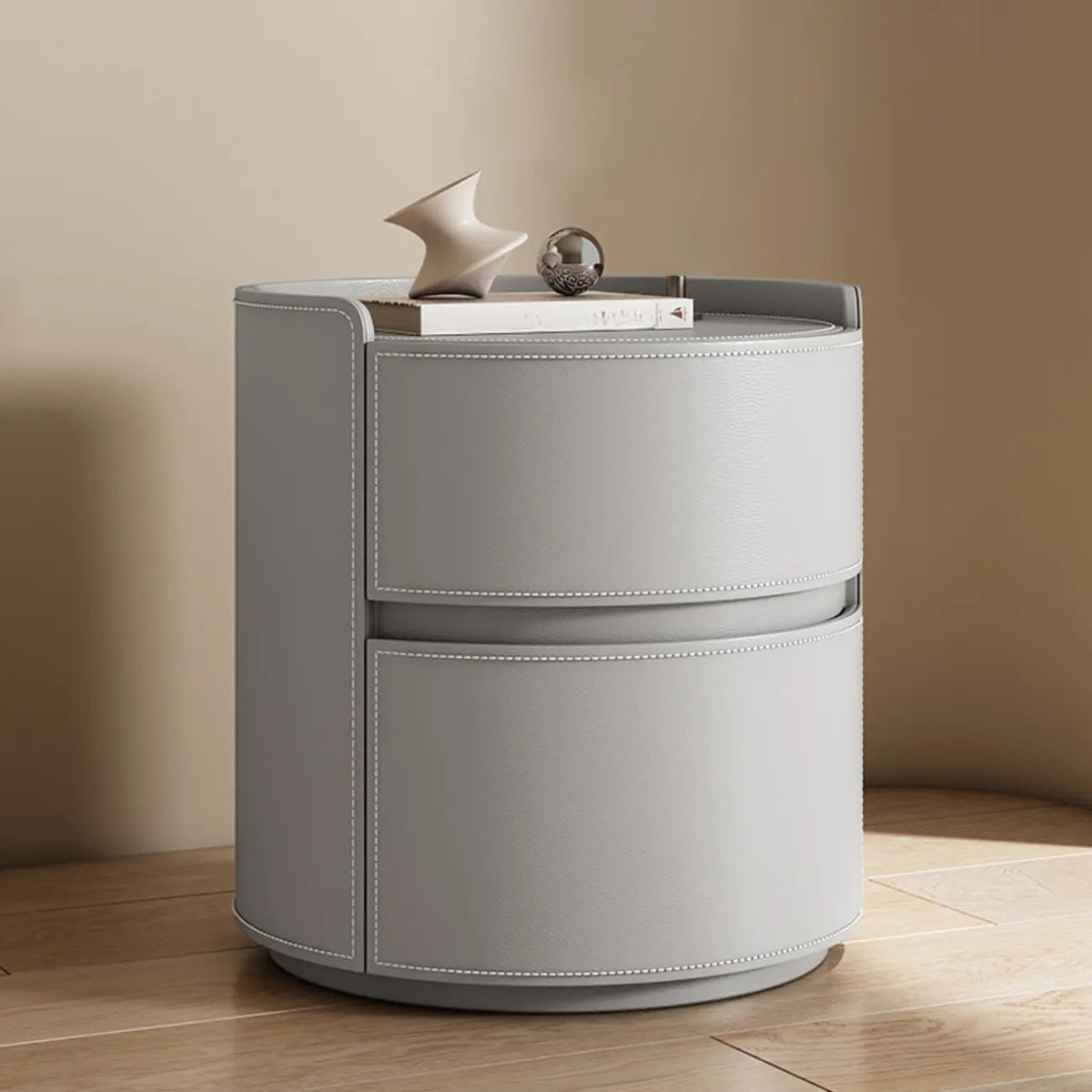 Comodino rotondo moderno con vassoio in pelle e 2 cassetti