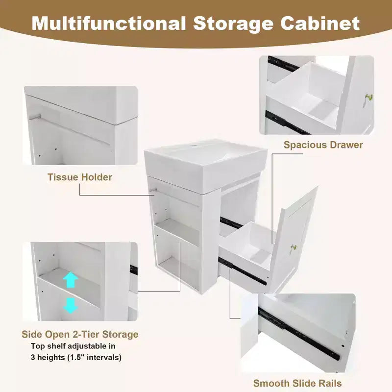Bathroom Vanity with Ceramic Sink, MDF Storage Drawer, Side Shelf & Golden Handle