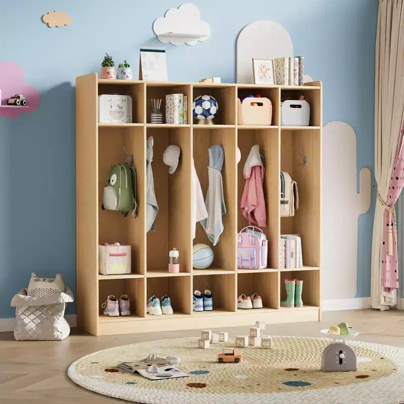 Garderobenschrank für Klassenzimmer mit 5 Fächern und 10 Ablagefächern, Aufbewahrungsorganizer mit 10 Haken für Zuhause, Schule, Kinderkrippe und Kindergarten