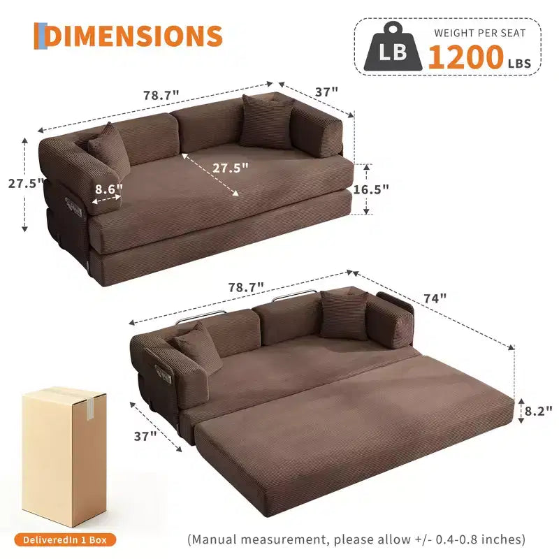 Modernes 79-Futon-Schlafsofa aus Cord für kleine Räume, 5-in-1-Couch mit abnehmbaren Armlehnen und Kissen