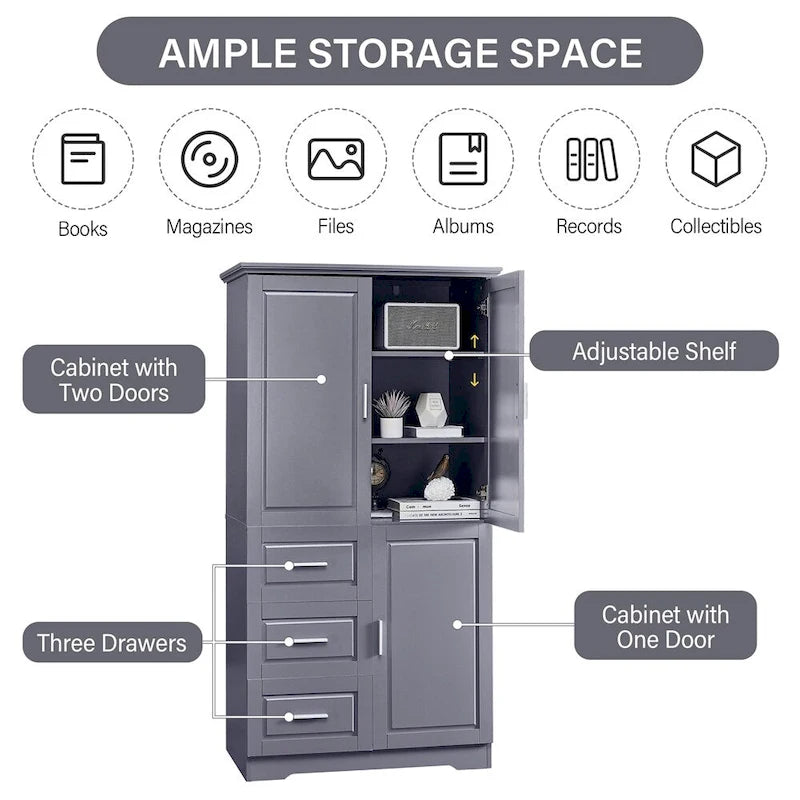 Armoire de rangement haute et large avec portes pour salle de bains, trois tiroirs