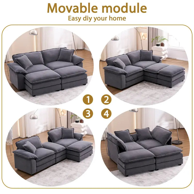 Divano a 2 posti con 2 cuscini, 2 guanciali e 2 pouf, divano comodo - Divano profondo modulare per soggiorno
