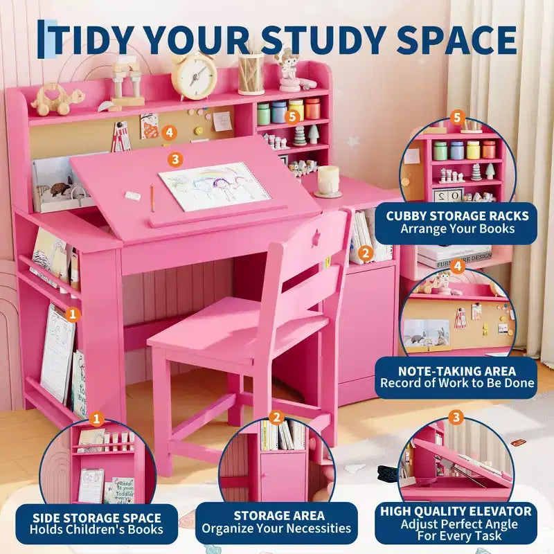 Ensemble bureau et chaise d’étude pour enfants avec rangement, bureau pour enfants avec étagère supérieure et plateau inclinable, table en bois avec meuble de rangement pour les 3-8 ans