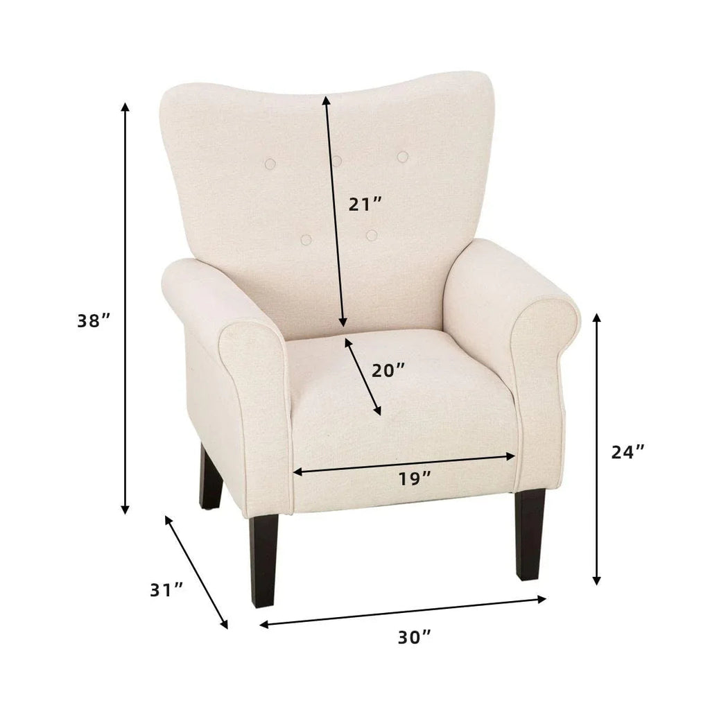 Erommy moderne fauteuil, fauteuil met hoge rugleuning, gestoffeerde eenzitsbank met knopen en houten poten voor de woonkamer