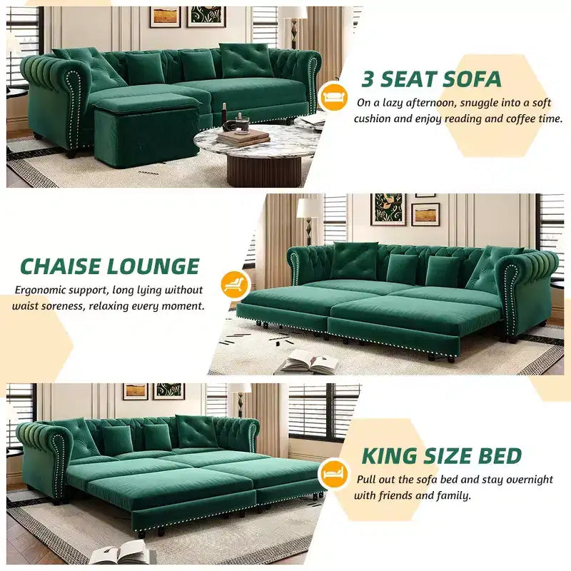 Whisen Schlafsofa aus Samt, 3-in-1, King Size, ausziehbar und umwandelbar, mit beweglichem Ottomanen, gestepptes Design