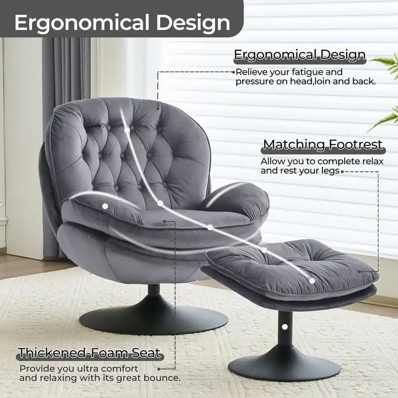 Fluwelen draaifauteuil met voetenbank, ronde leesfauteuil met voetenbankset, 360 draaibaar, metalen frame