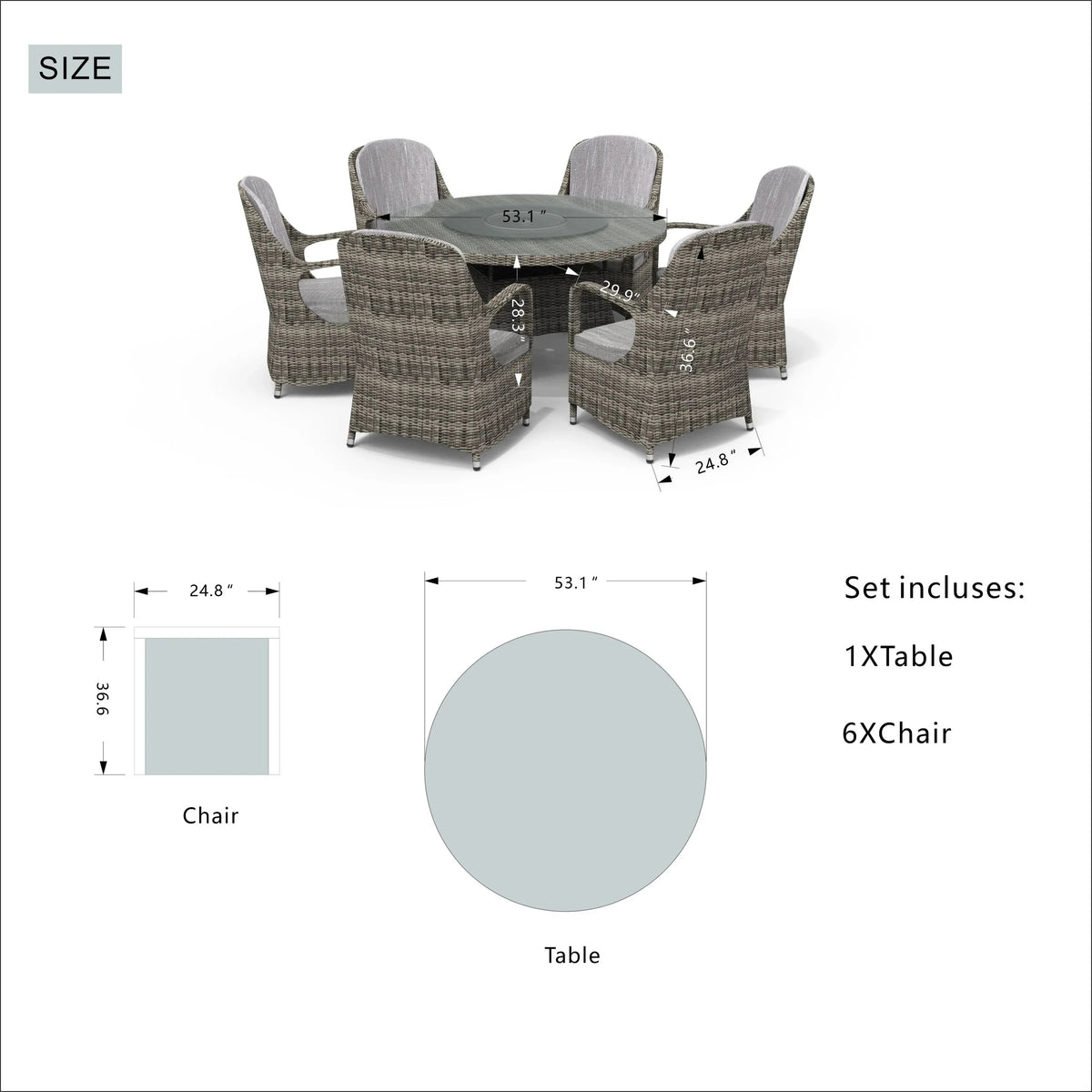 Ensemble de salle à manger rond de patio en rotin tressé d’extérieur, 7 pièces avec coussins, par Moda Furnishings