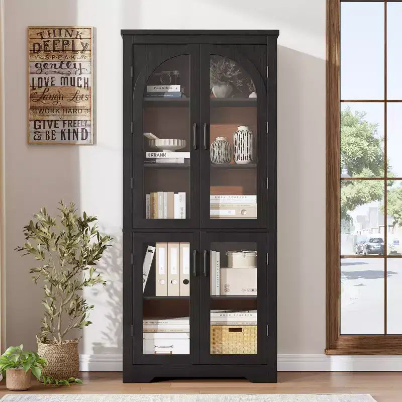 Dispensa da cucina alta 70, mobile espositivo moderno con 4 ante ad arco in vetro e ripiani regolabili, per cucina, soggiorno, sala da pranzo e bagno