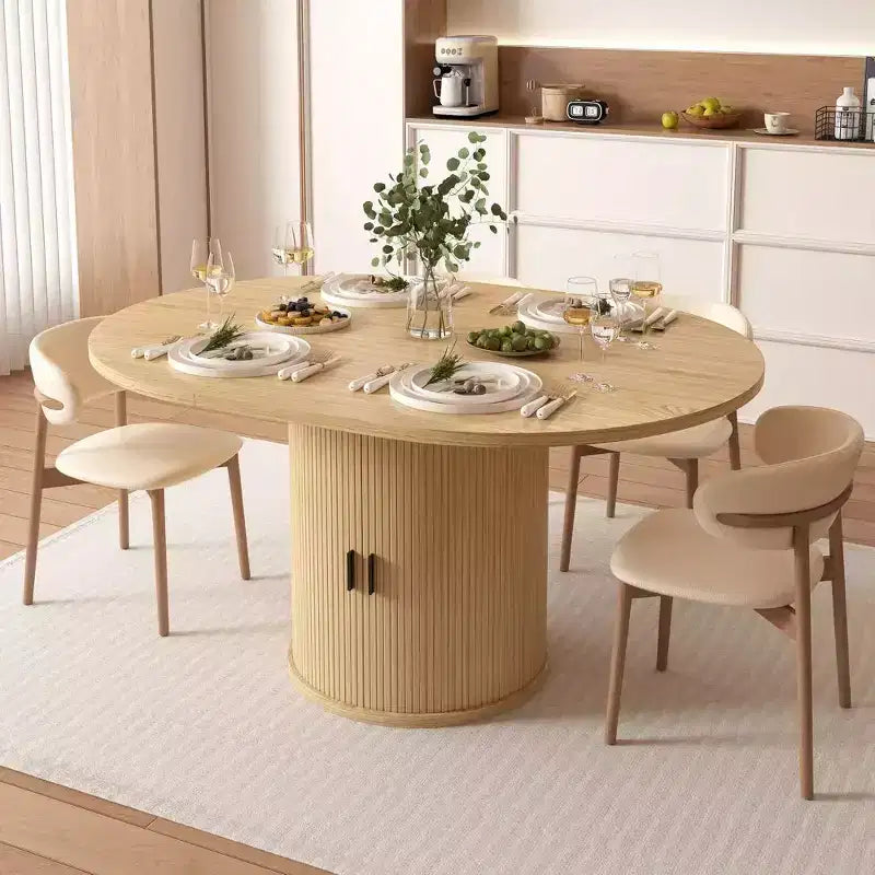 Tavolo da cucina e sala da pranzo rotondo allungabile Dyonery 63, con ripiano contenitore a 2 livelli e base a piedistallo, mobile da pranzo in legno ovale e circolare, noce