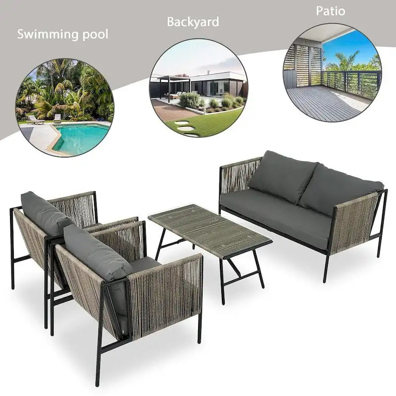 Ensemble de patio extérieur en corde, 4 pièces pour 4 personnes, avec coussins et table en verre