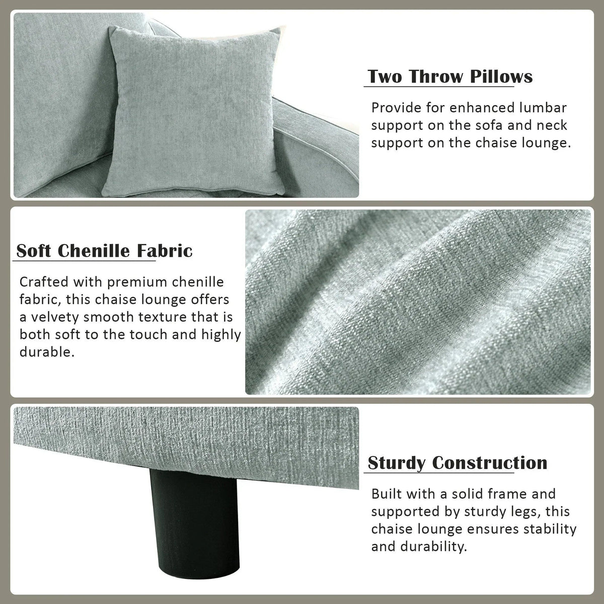 Chaiselongue-Schlafsofa aus Chenille, gepolstertes Sofa mit gesteppter Rückenlehne und 2 abnehmbaren Kissen für das Wohnzimmer