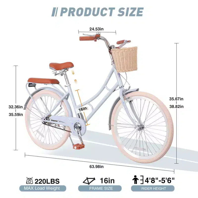 Vélo de plage NAYSAYE pour femme avec panier avant et cadre robuste, idéal pour les trajets urbains confortables en plein air, bleu, 63.98*24.53*38.82