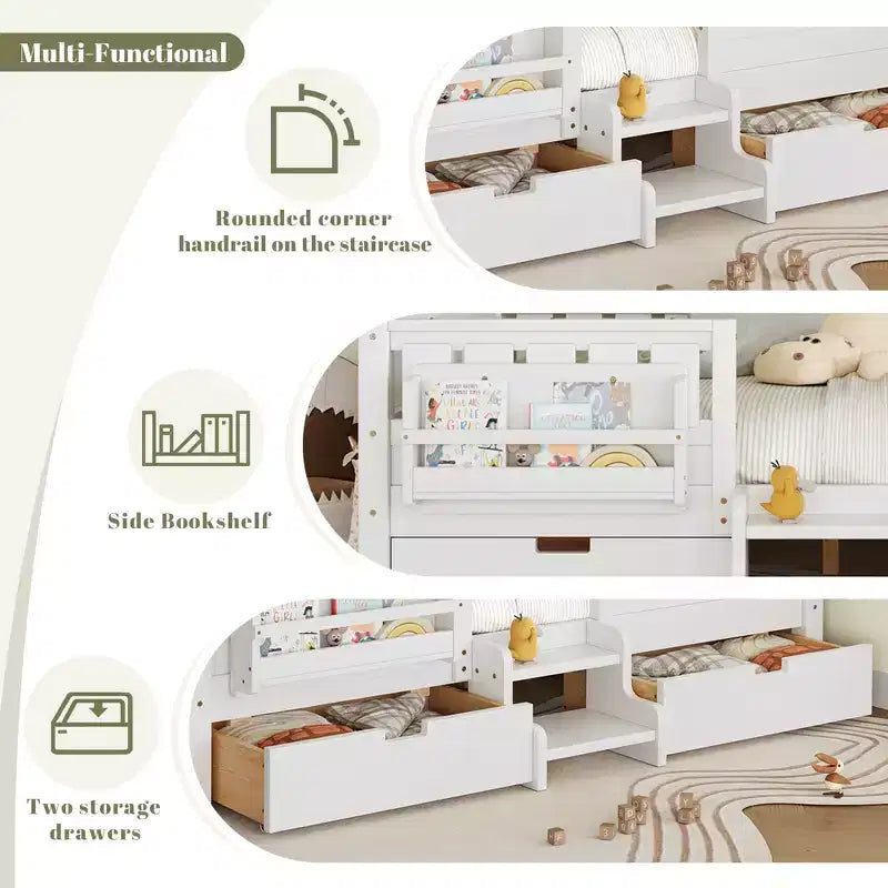 Lit pour enfant Bellemave format queen avec 14 barrières de sécurité, cadre de lit compact avec bibliothèque intégrée et 2 tiroirs de rangement sous le lit
