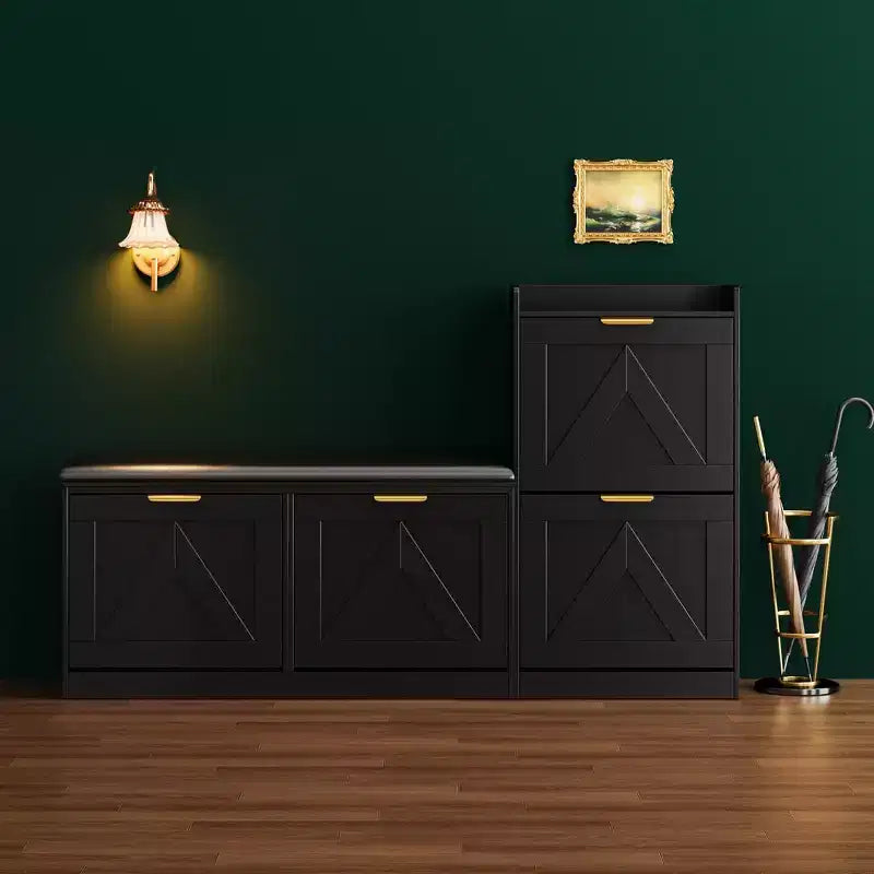 Schoenenkast in landelijke stijl met bankje, opbergmeubel voor schoenen in de hal met 4 klepkasten en comfortabele gewatteerde zitting, vrijstaand schoenenrek met bankje