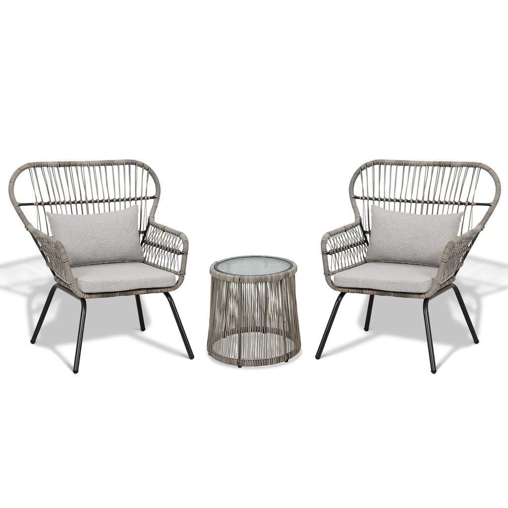 3-teiliges Outdoor-Bistroset aus Korbgeflecht, wetterfeste Rattan-Gartenmöbel mit Stühlen und Kissen