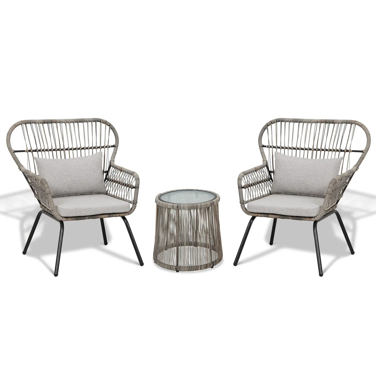 3-teiliges Outdoor-Bistroset aus Korbgeflecht, wetterfeste Rattan-Gartenmöbel mit Stühlen und Kissen