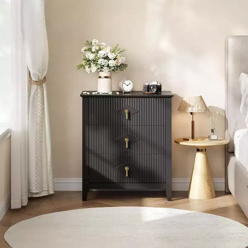 Lot de 2 tables de chevet en bois cannelé, commode de 27.5 de large à 3 tiroirs, tables de chevet modernes, commode pour chambre ou salon