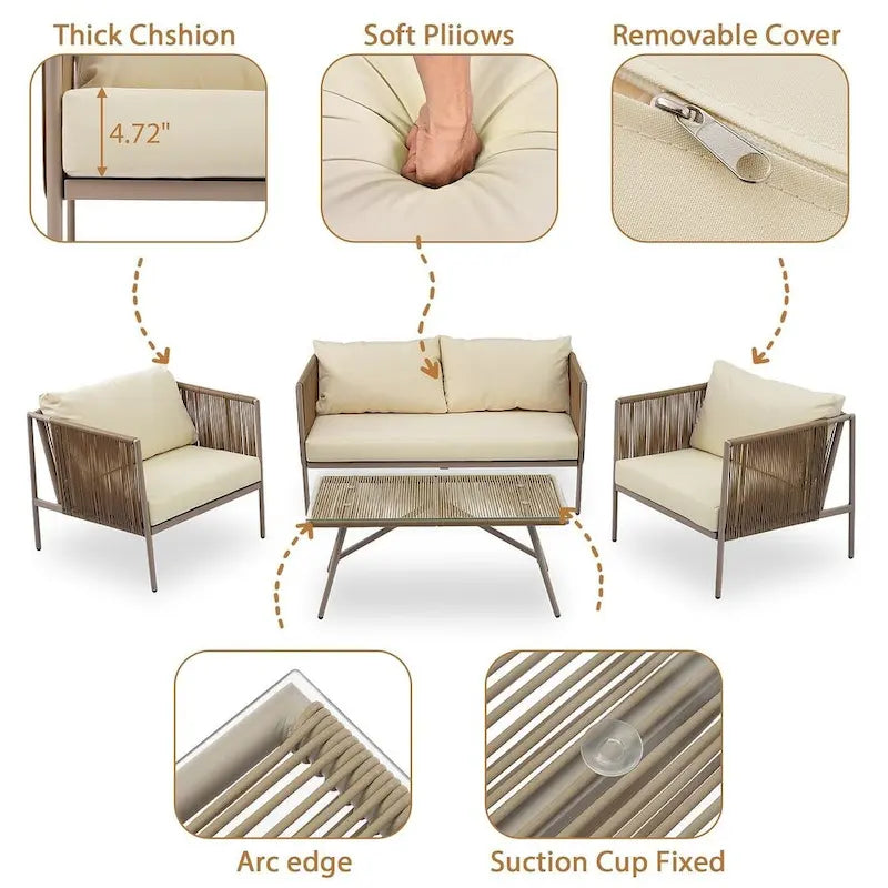 Ensemble de patio extérieur en corde, 4 pièces pour 4 personnes, avec coussins et table en verre