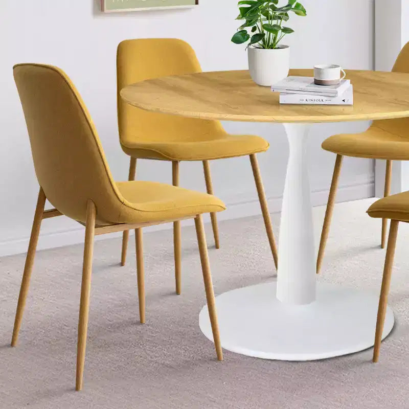 Ensemble de salle à manger rond 5 pièces, table à piètement central de 37 avec plateau effet bois et chaises courbes rembourrées, style moderne-Panipeachy