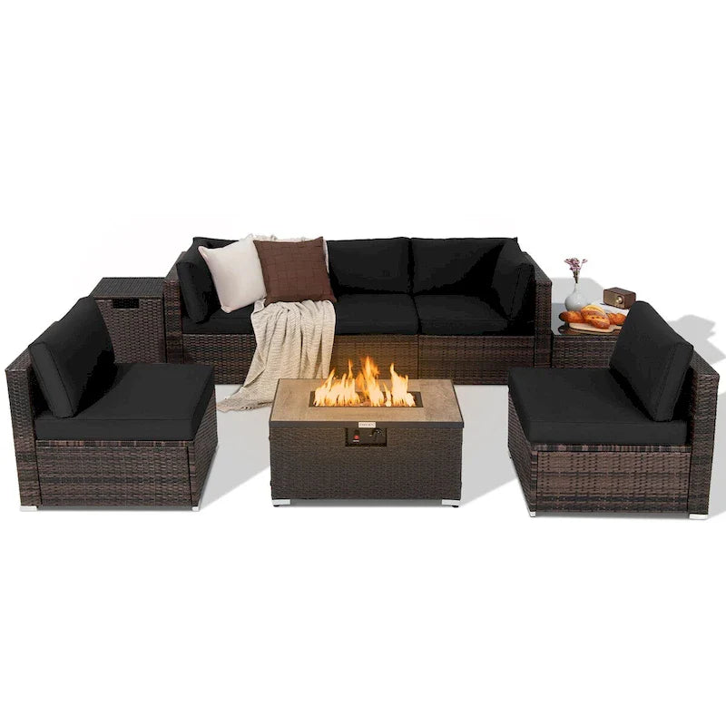 8-teiliges Gartenmöbel-Set aus Rattan mit Feuertisch, Tankhalter, Abdeckung und Terrassenmöbeln