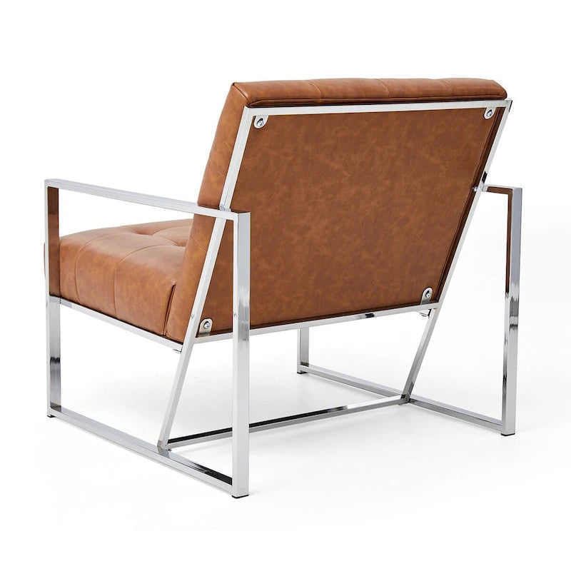 Fauteuil d’appoint Glitzhome crème de style mi-siècle moderne, revêtement en cuir PU capitonné et structure chromée, hauteur de 30.50