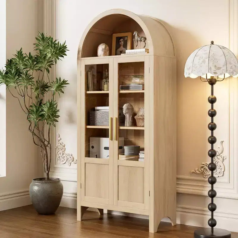 71 Tall Arched Storage Cabinet with 2 Acrylic Doors and Shelves for Living Room