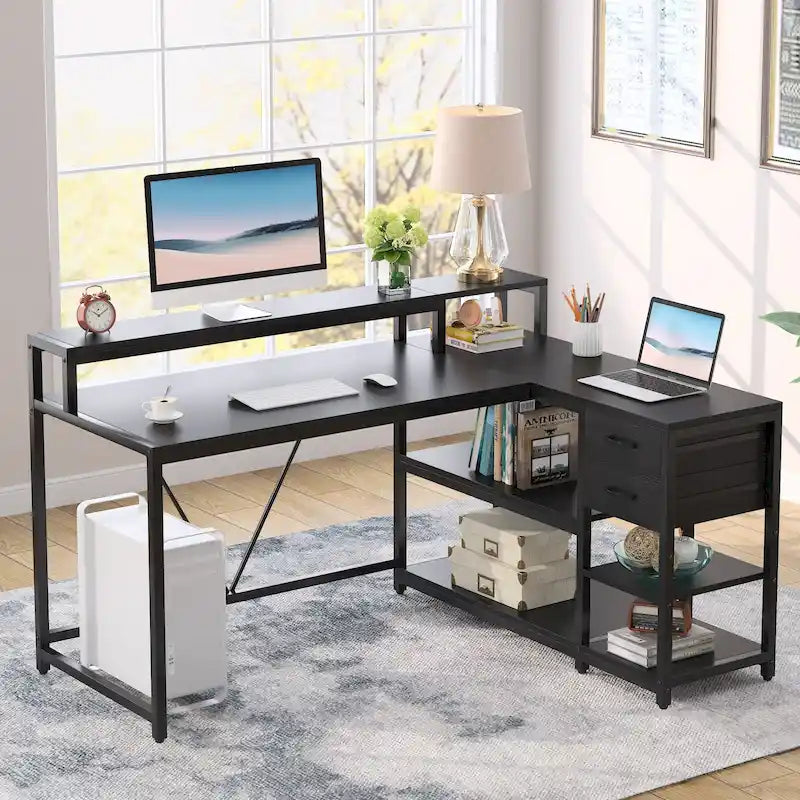 Schreibtisch in L-Form mit Schublade, Eckschreibtisch fürs Homeoffice mit Ablagefächern und Monitorständer, rustikaler PC-Schreibtisch für kleine Räume