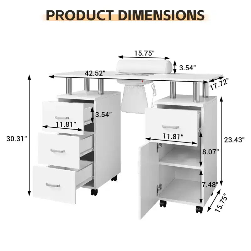 Table de manucure avec aspirateur à poussière, roulettes verrouillables, coussin pour poignet et rangements, pour la maison, les prothésistes ongulaires et les salons de beauté
