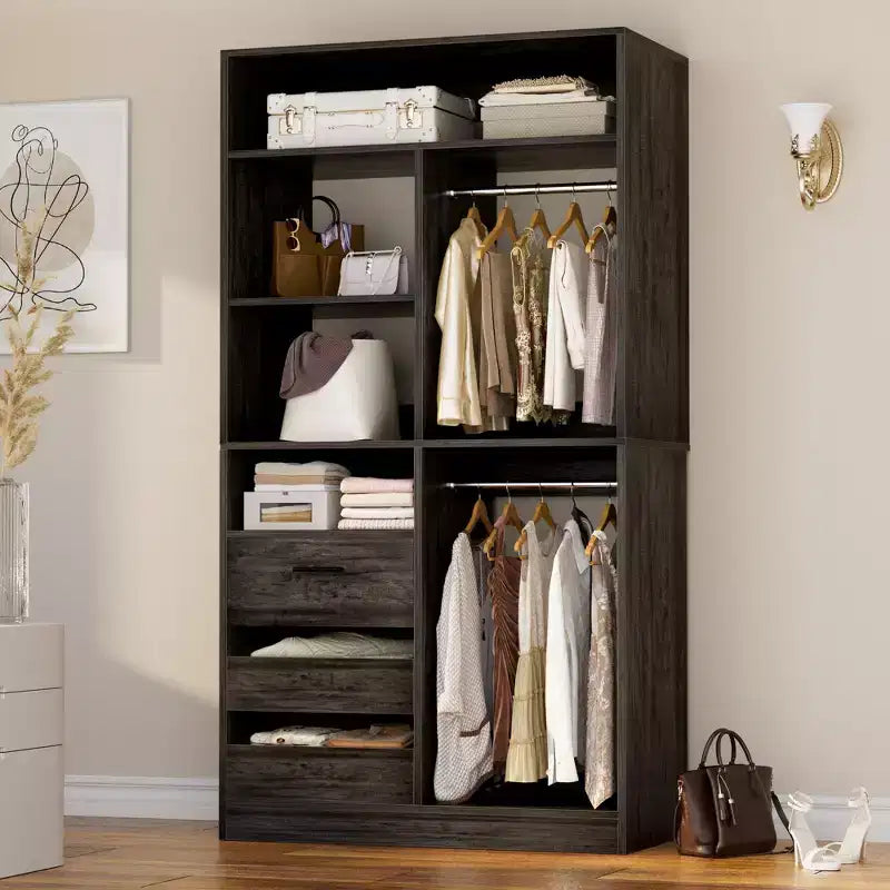 Kleiderschrank-Organizer mit Holzschubladen, freistehendes Schranksystem mit Kleiderstangen