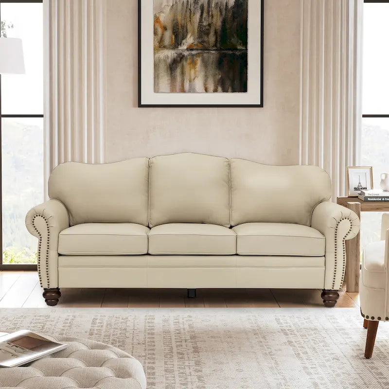 Canapé Balvino 81 pouces de style transitionnel en cuir véritable, avec accoudoirs arrondis, clous décoratifs et coussins amovibles