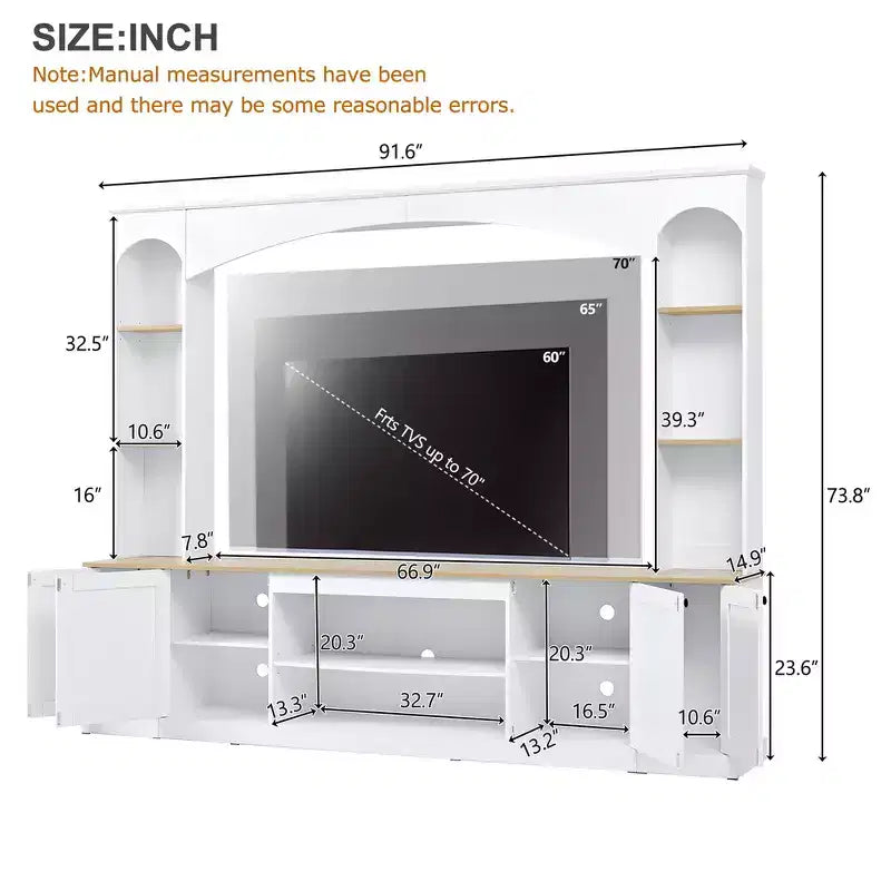 Whisen 91 Medienkonsole, geschwungene Entertainment-Center-Wandeinheit, TV-Schrank im Landhausstil mit Bücherregal in Holzoptik für Fernseher bis zu 70